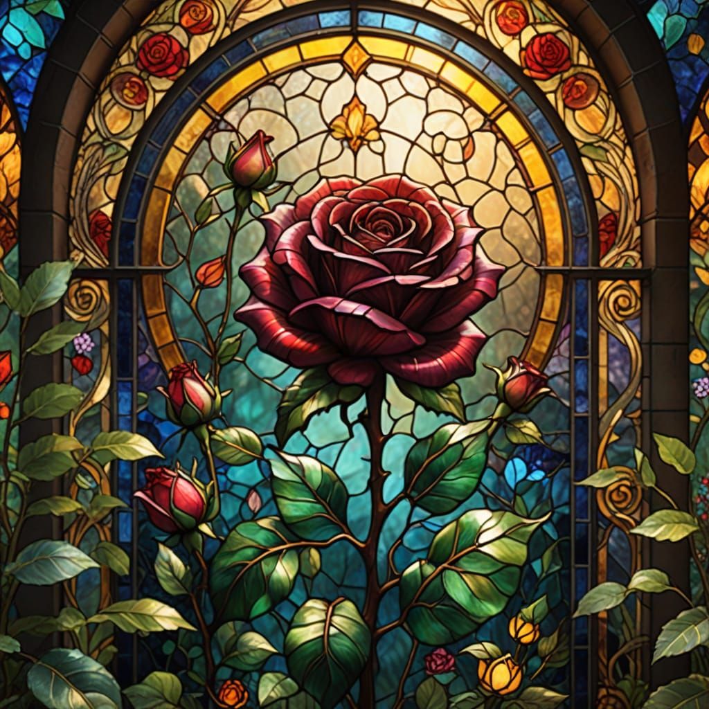 Stained Glass Rose in Mystical Garden