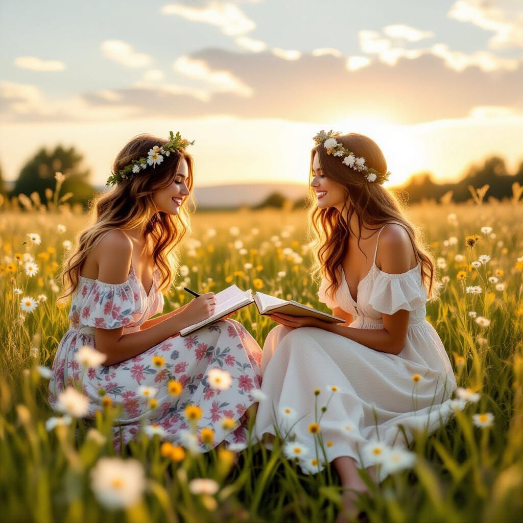 Women in Meadow: Photorealistic Golden Hour Scene