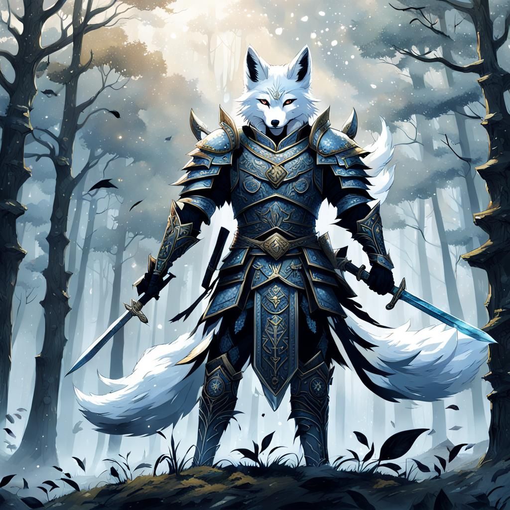 Kitsune Paladin in Misty Forest, Anime Fantasy Art