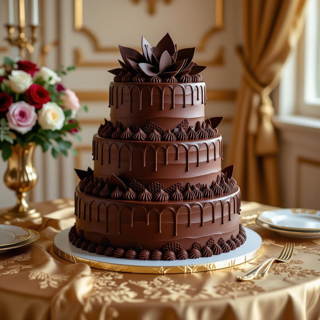 Decadent Chocolate Cake with Gold Tablecloth