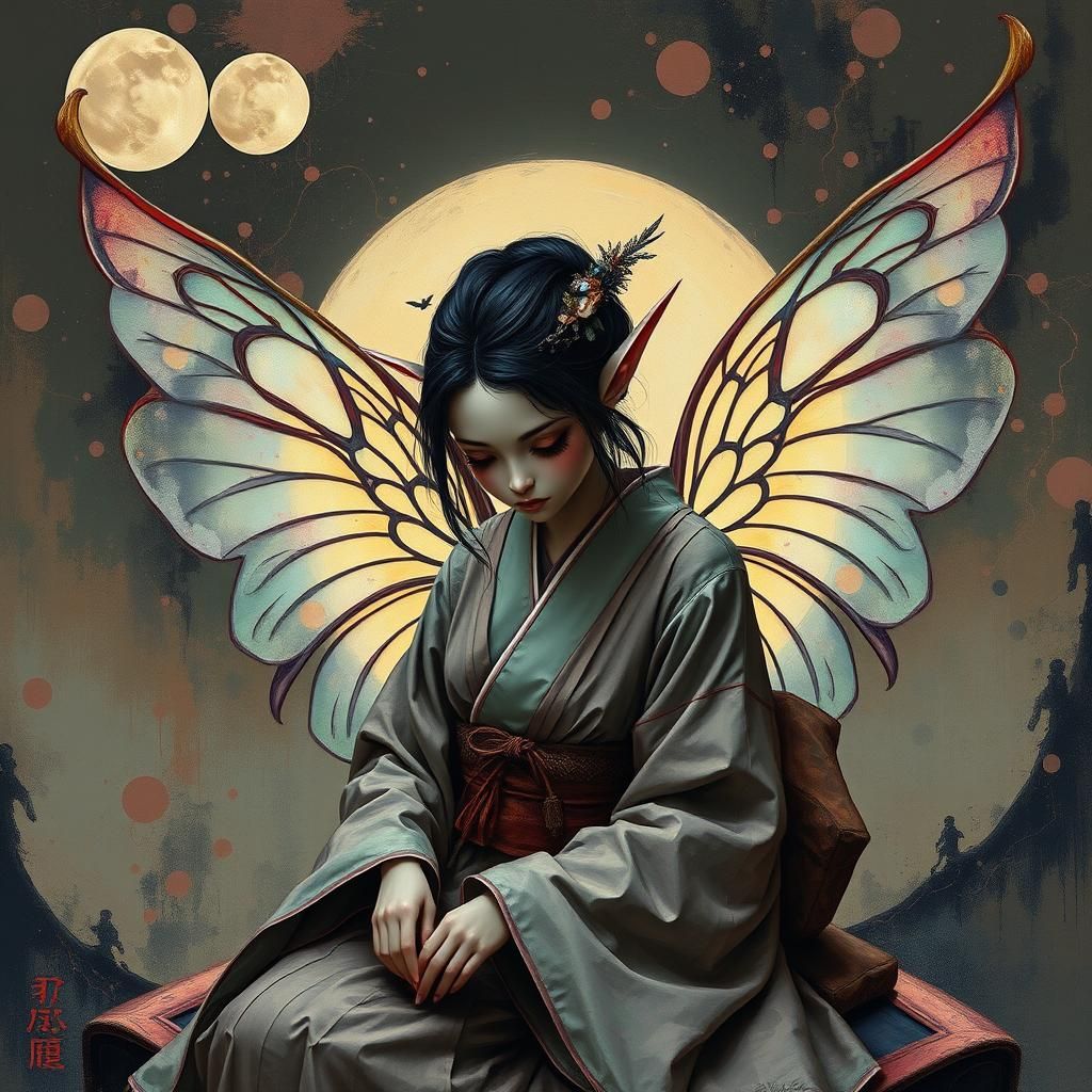 Mournful Fairy Elf Geisha in Impasto Style
