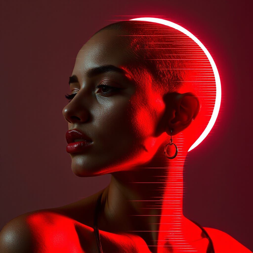 Glitchy Cyberpunk Portrait with Red Halo