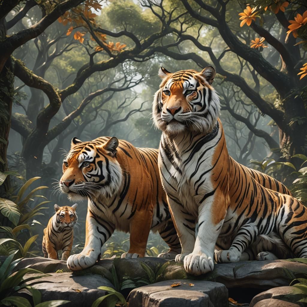 Orange and White Tigers in Detailed Digital Painting