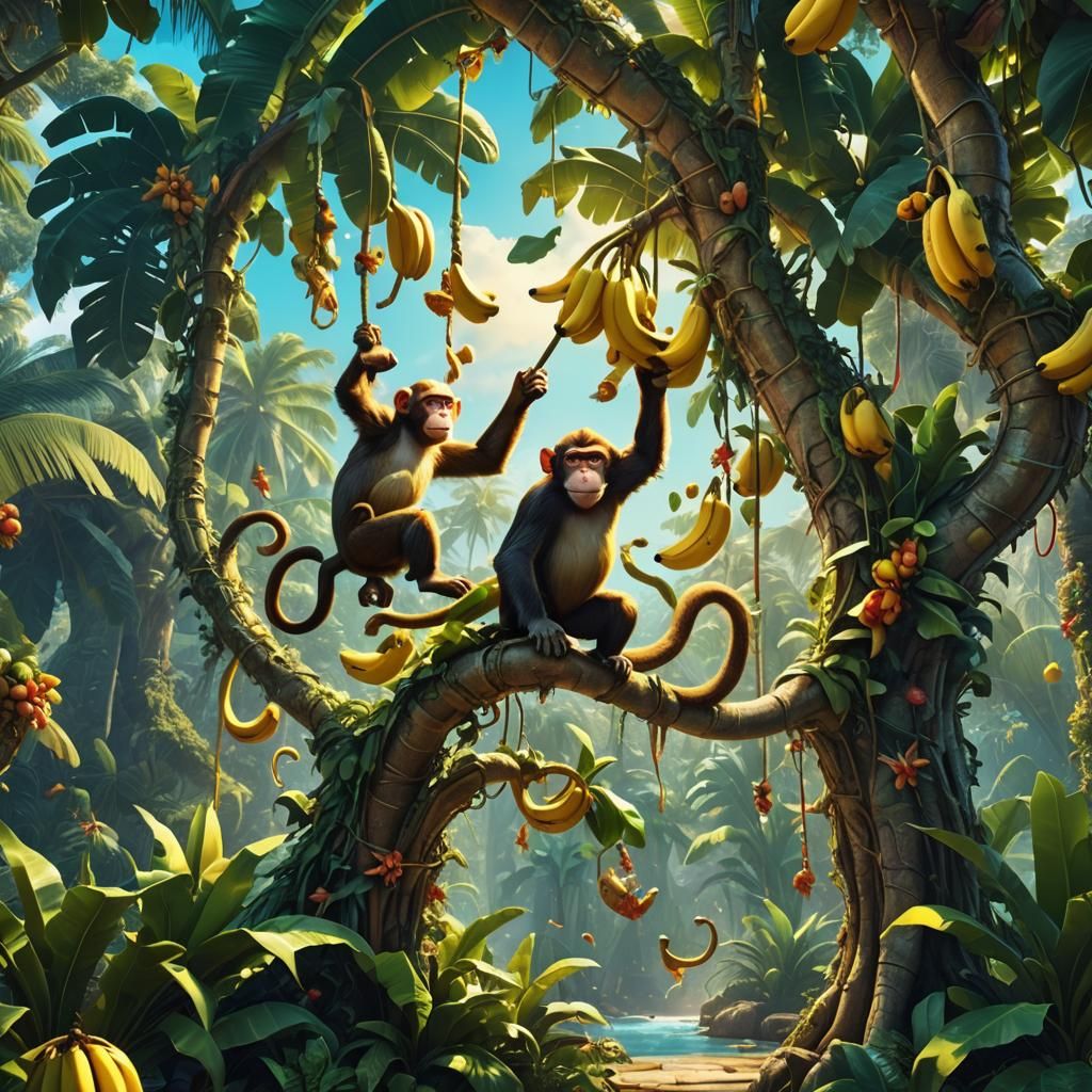 Monkeys Banana Fight: Vibrant Fantasy Concept Art