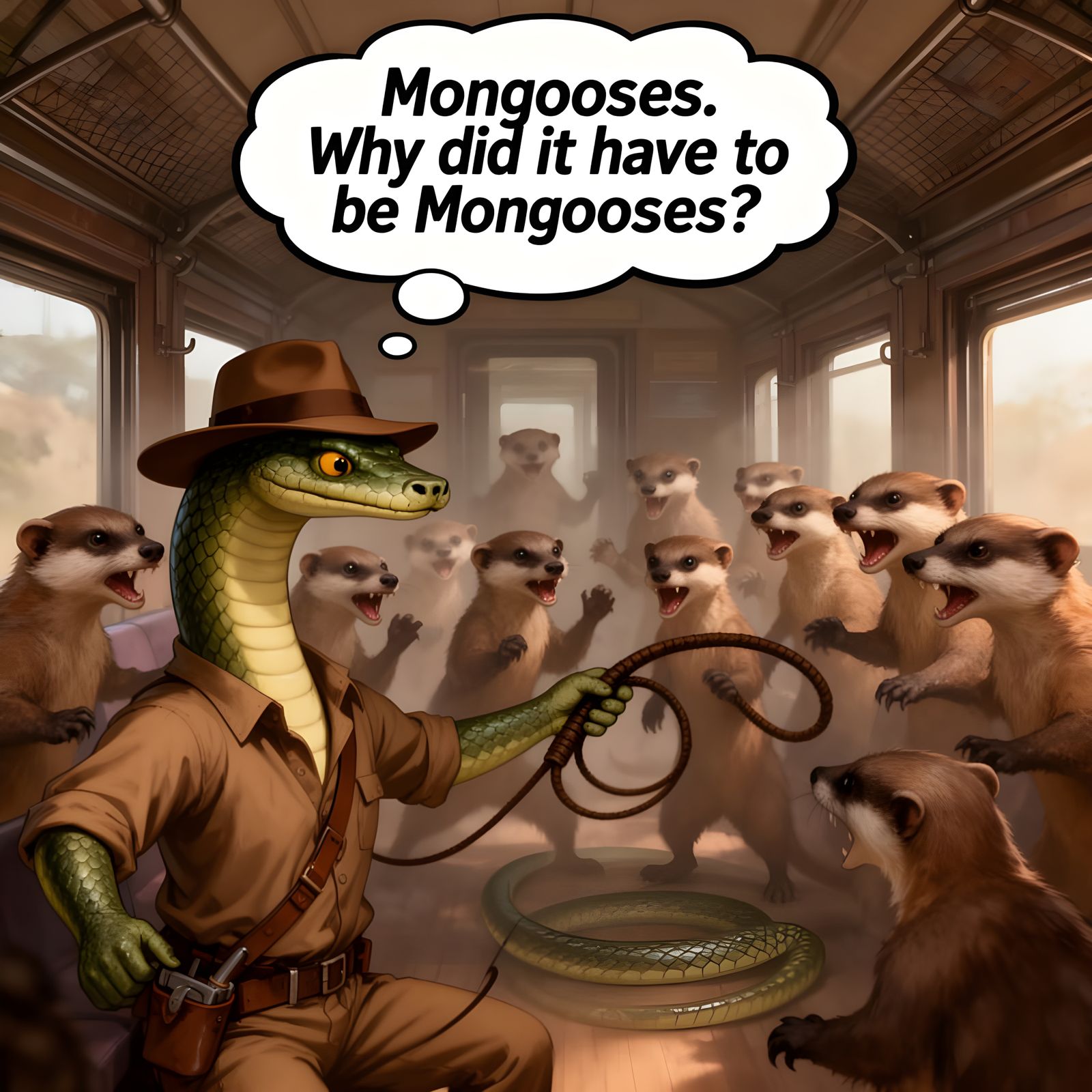 Indiana Jones Anthro Snake Confronts Mongooses in Train