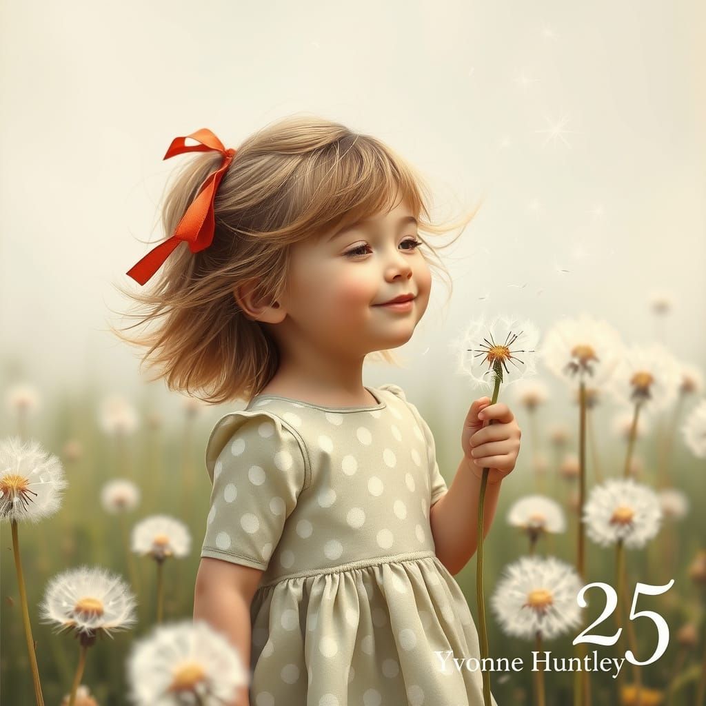 A whimsical matte painting of a young girl with messy light brown hair, standing in a field of oversized dandelions. She...