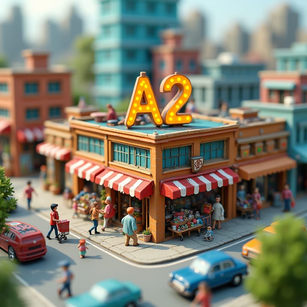 Whimsical Miniature City with A2 Mart Building in Vibrant De...