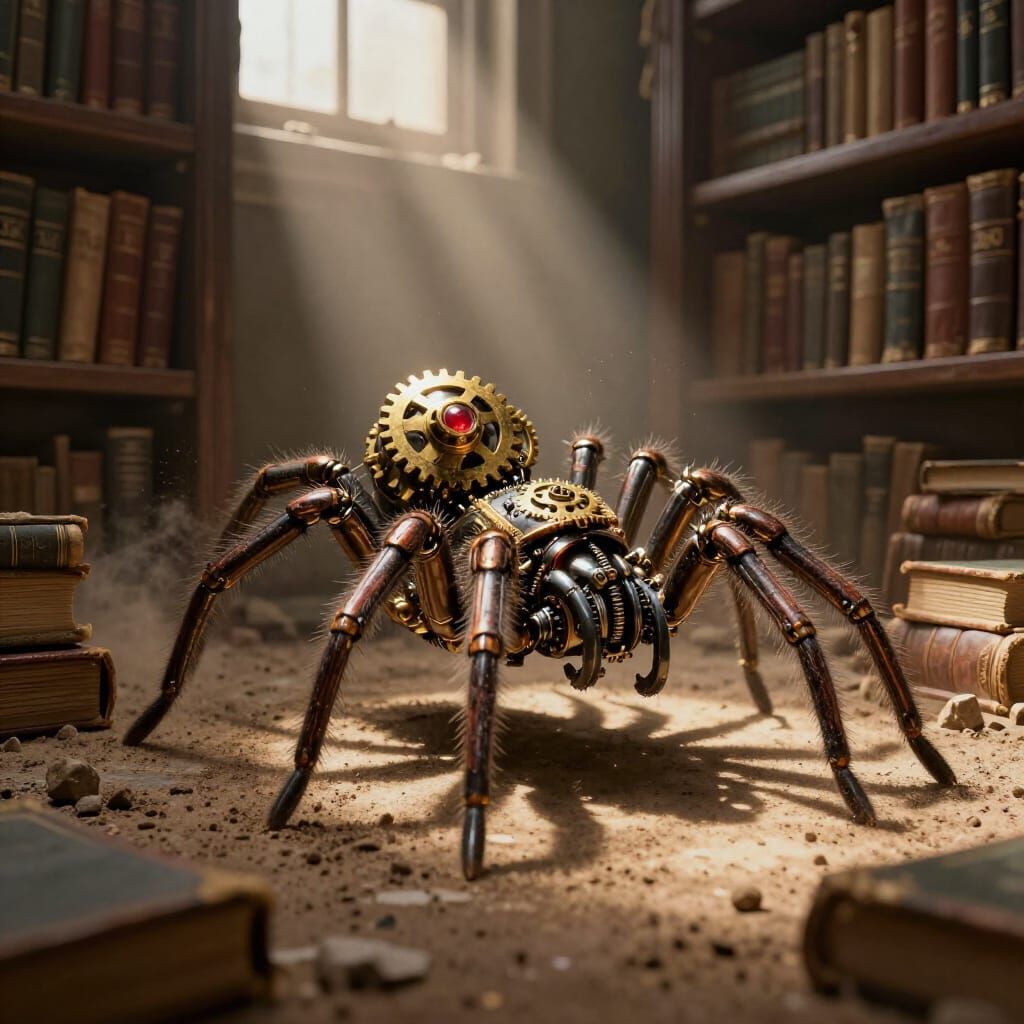 Steampunk Mechanical Spider in Dusty Library