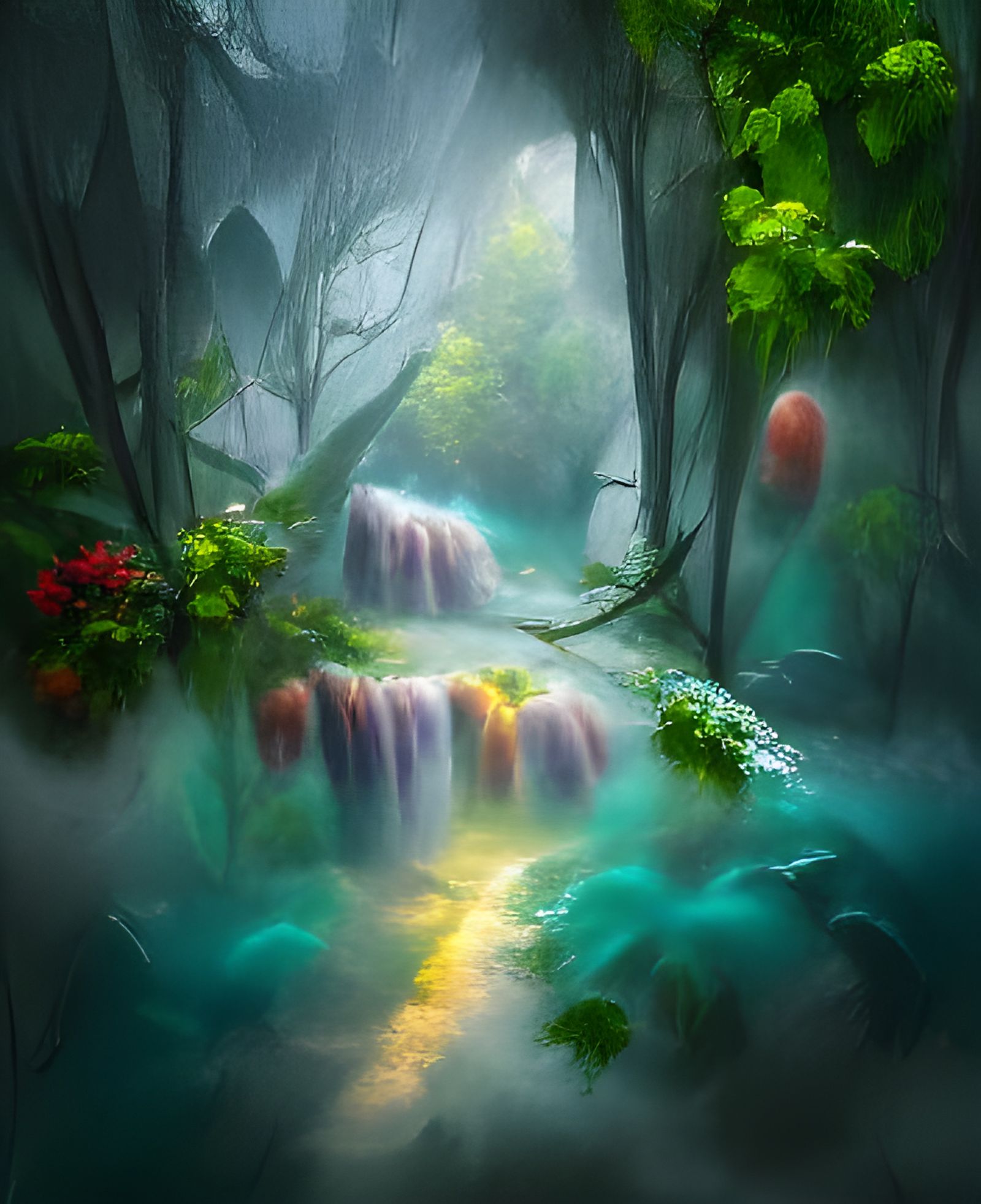 Fantasy Rainforest Waterfalls in Misty Morning Light