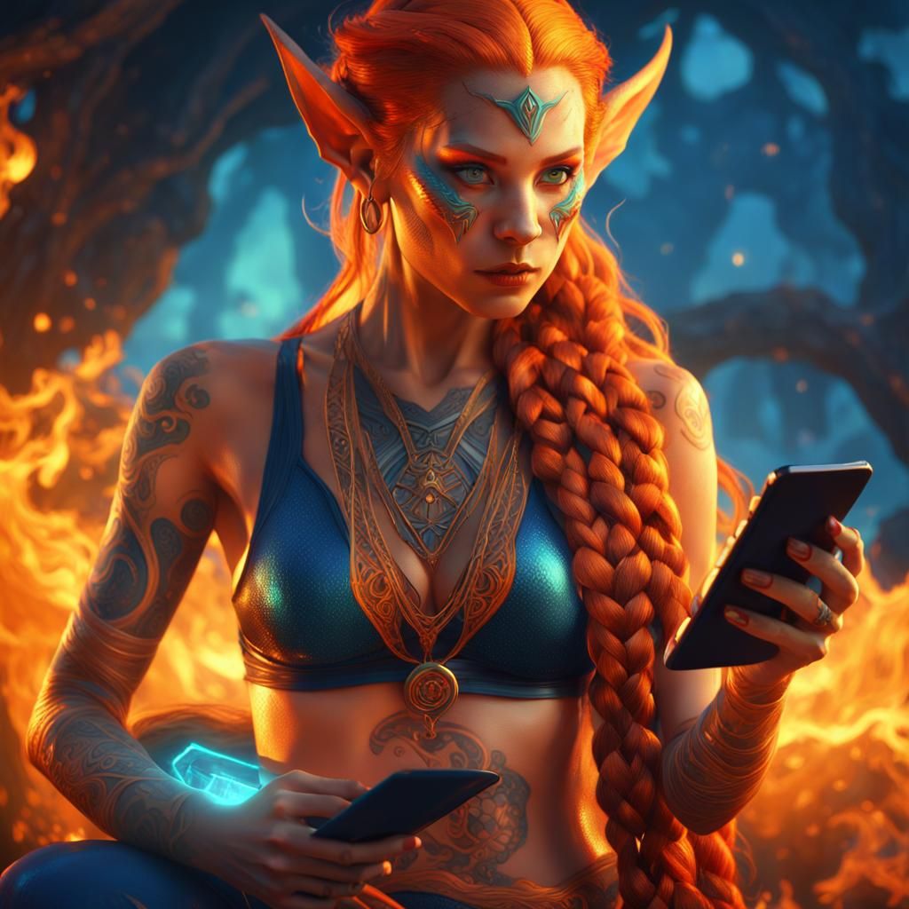 Elf Sorceress with Phone: Digital Matte Painting