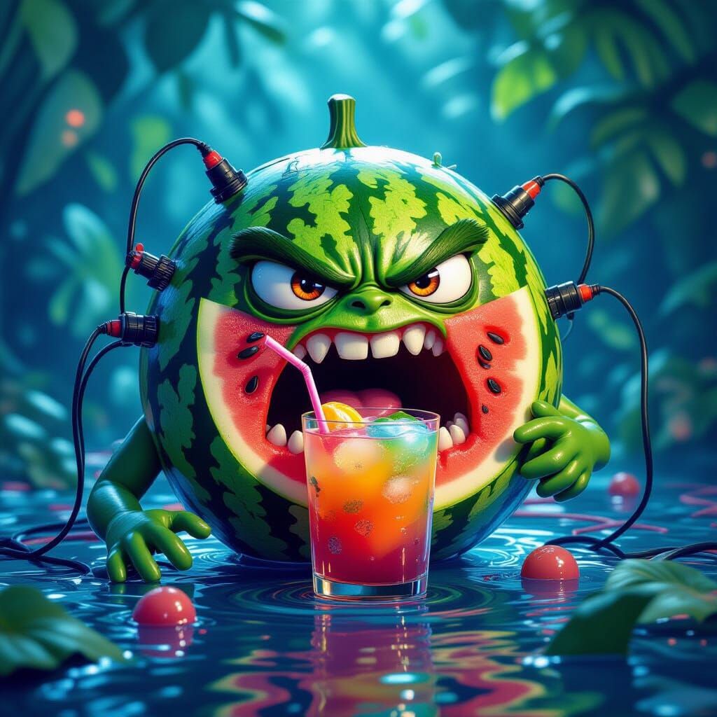 Electro-Watermelon Cocktail: A Surreal Matte Painting