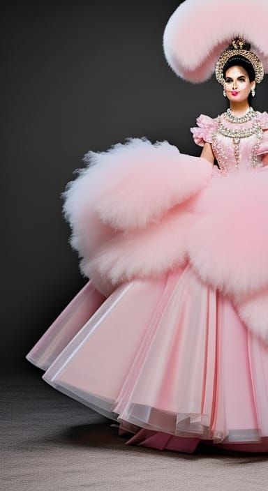 Woman in Pink Furry Gown in Ballroom