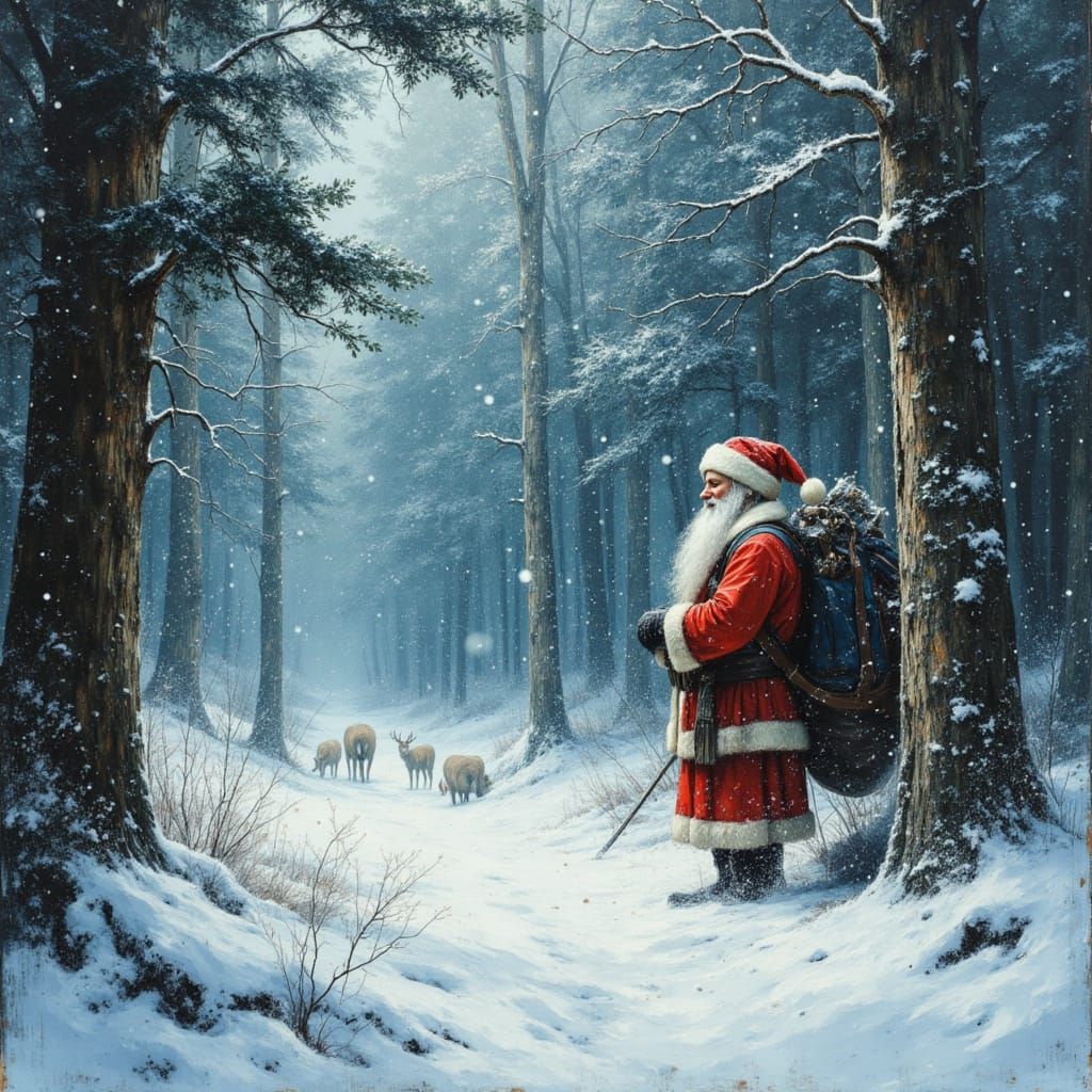 Santa Claus in Enchanted Snowy Forest Oil Painting