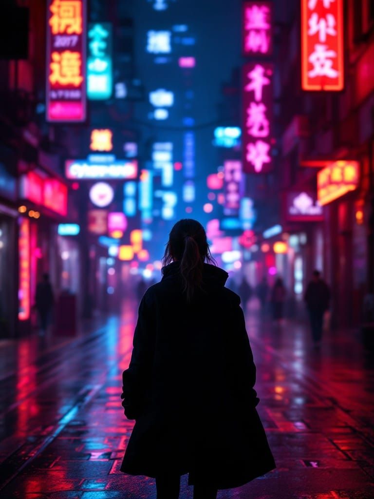 Cyberpunk City Street with Neon and Reflections