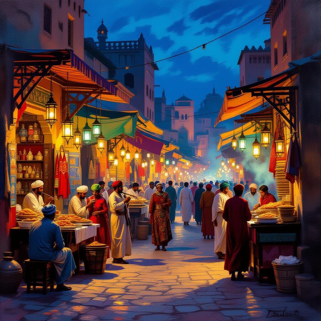 Moroccan Marketplace at Twilight in Orientalist Style