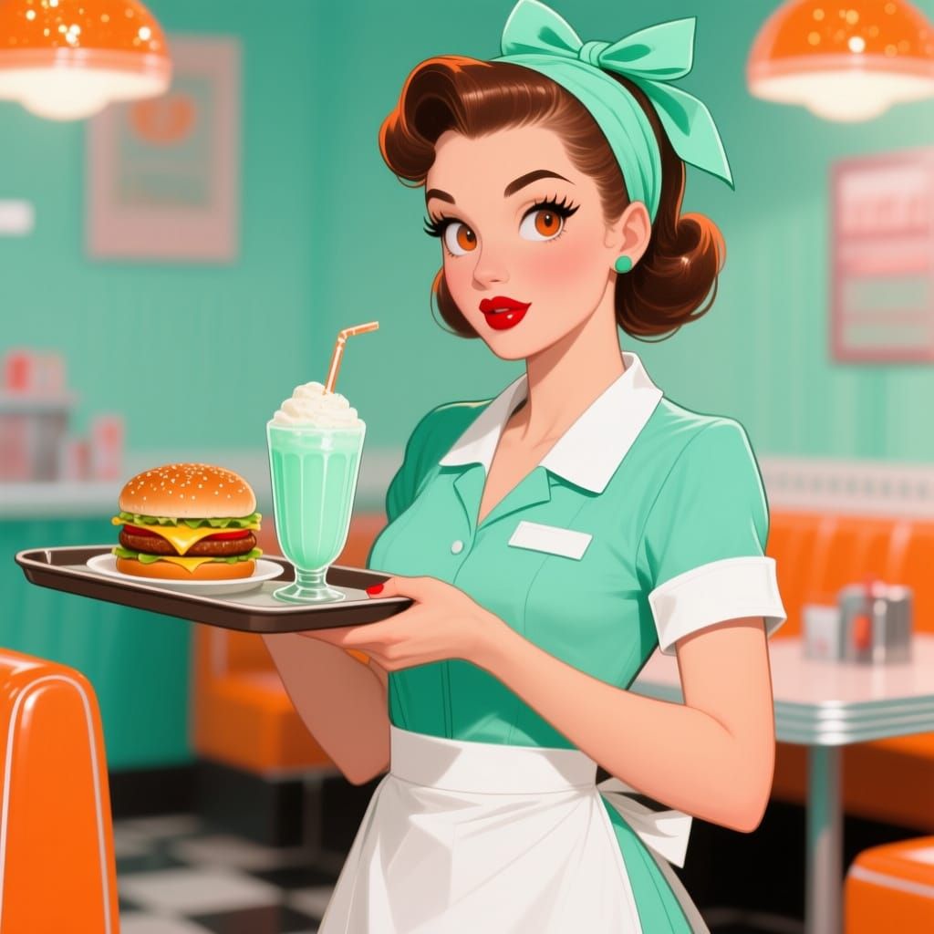 Retro 1940s Waitress with Milkshake Illustration