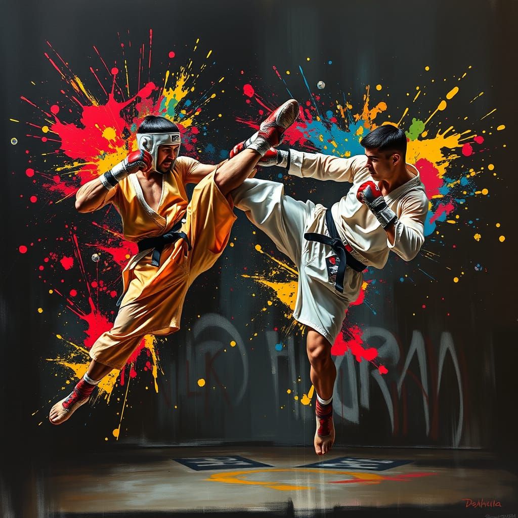 Martial Artists in Mid-Air, with Vibrant Splatters of Paint