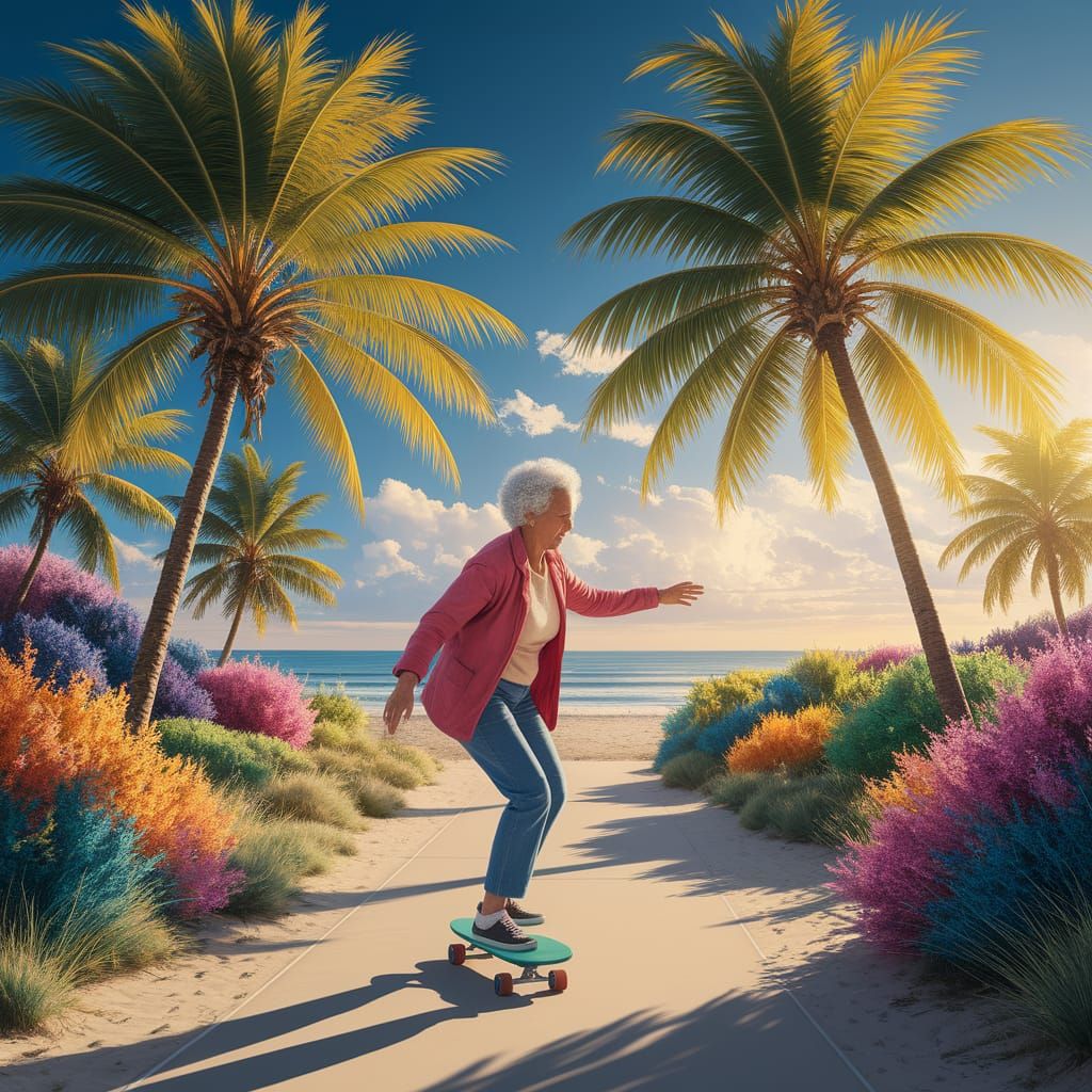 Grandma Skateboarding in Lush Park as Impressionist Art