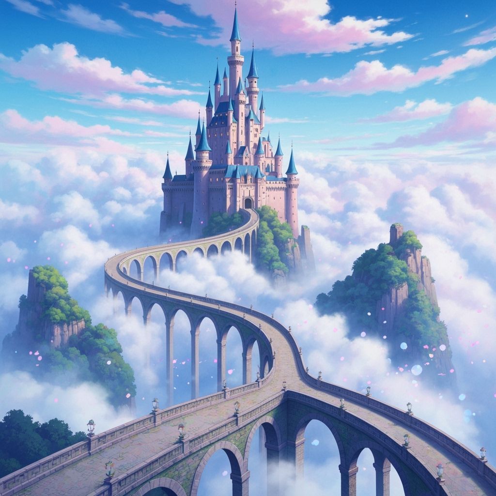 Castle in Clouds Connected by Misty Bridge