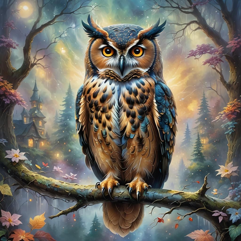 Fantasy Owl with Abstract Background in Luminist Style