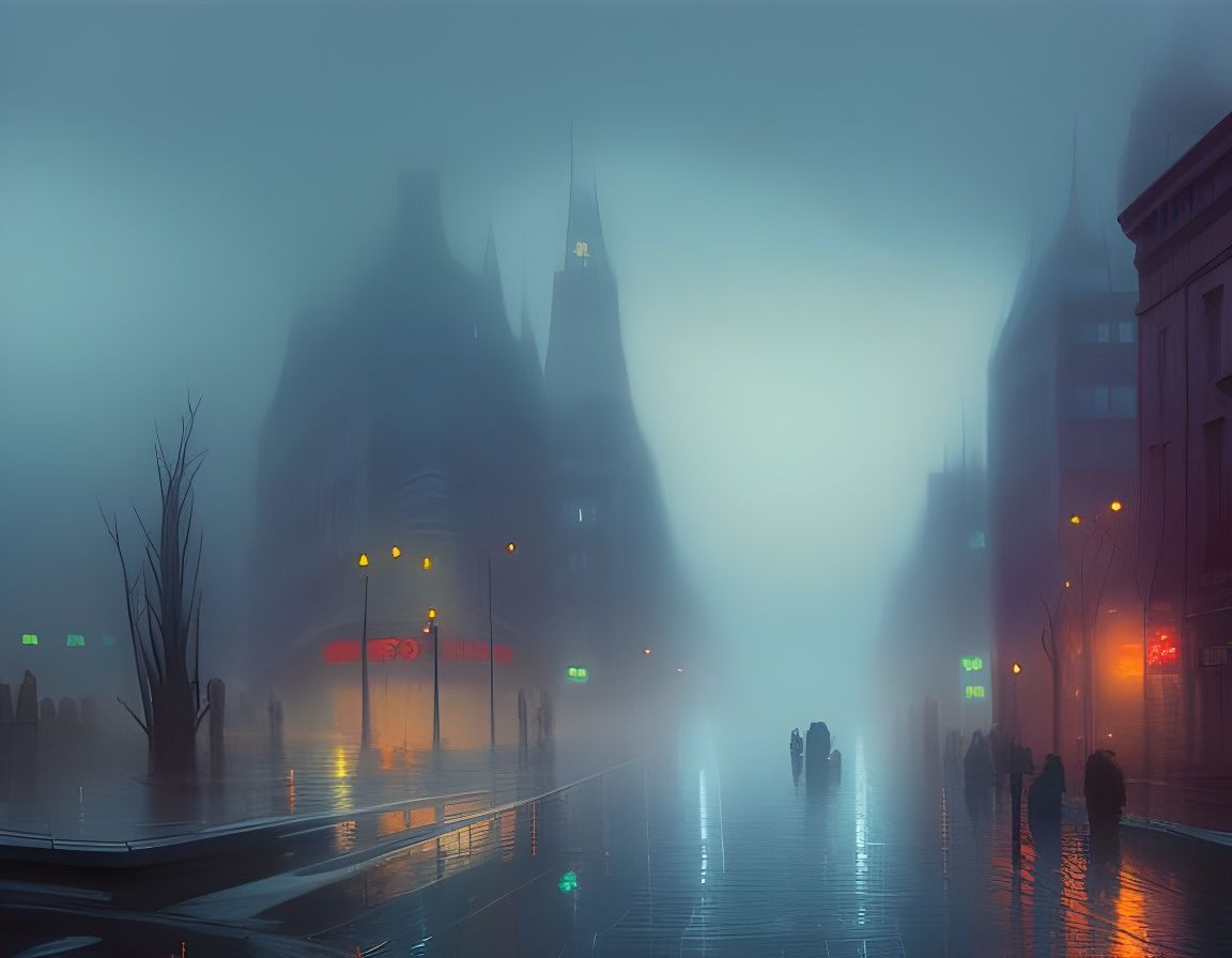 Foggy Cityscape in Luminist Dark Fantasy Style
