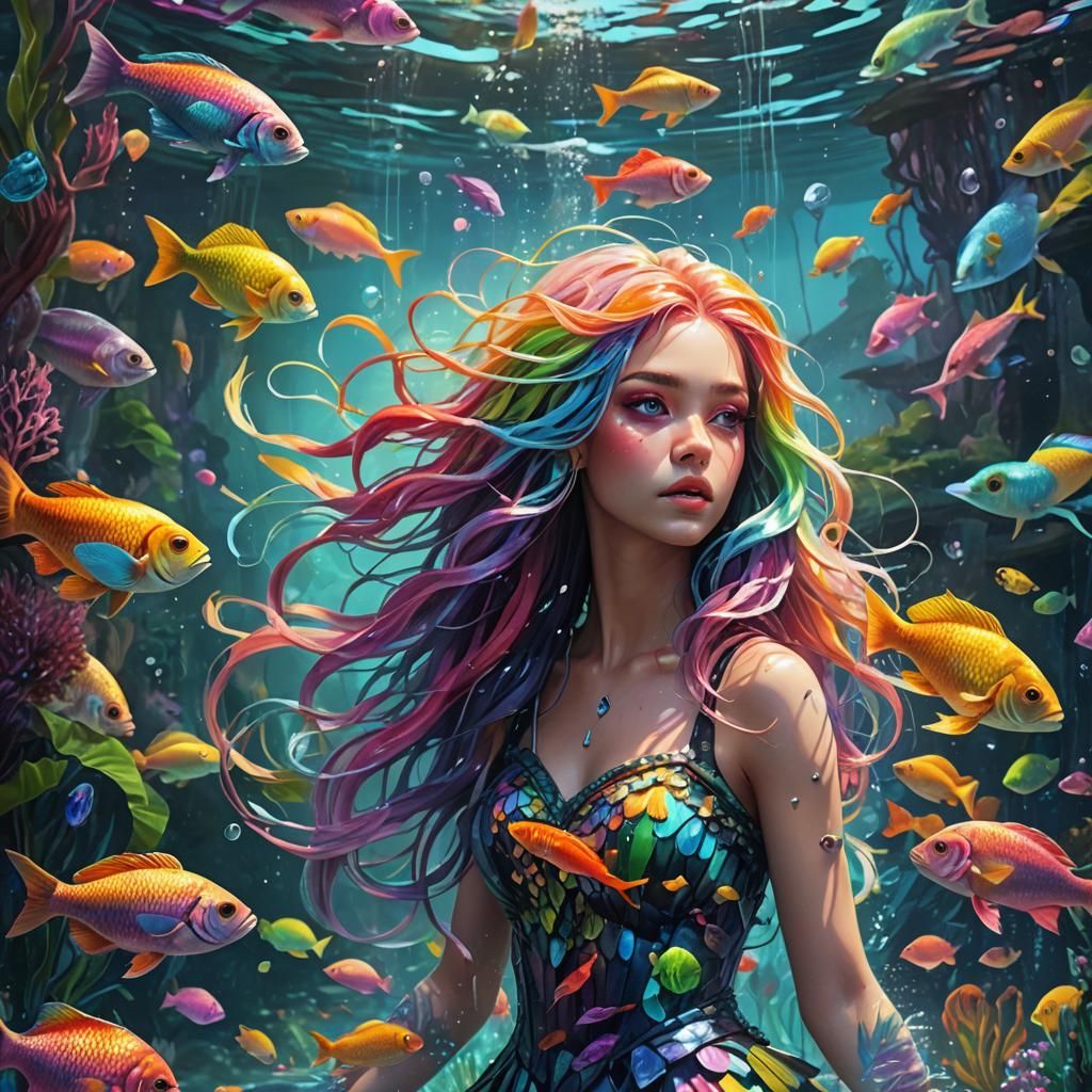 Rainbow Haired Girl Among Parrot Fish, Neo-Impressionist