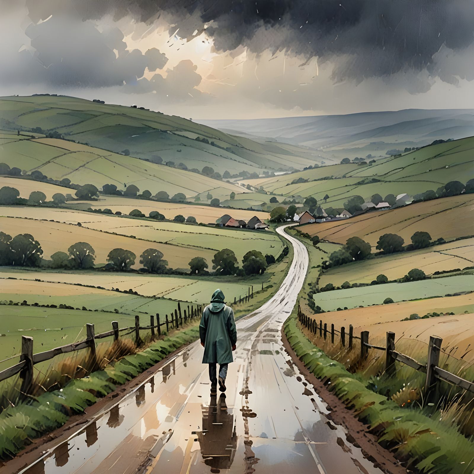 Landscape Painting of a Lone Figure in a Rainy Countryside