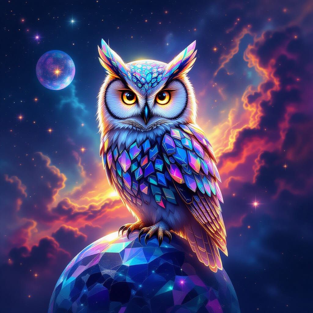 Crystal Owl on Crystalline Planet in Cosmic Nebula