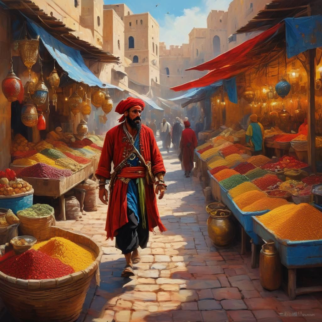 Pirate in Moroccan Market, Palette Knife Painting