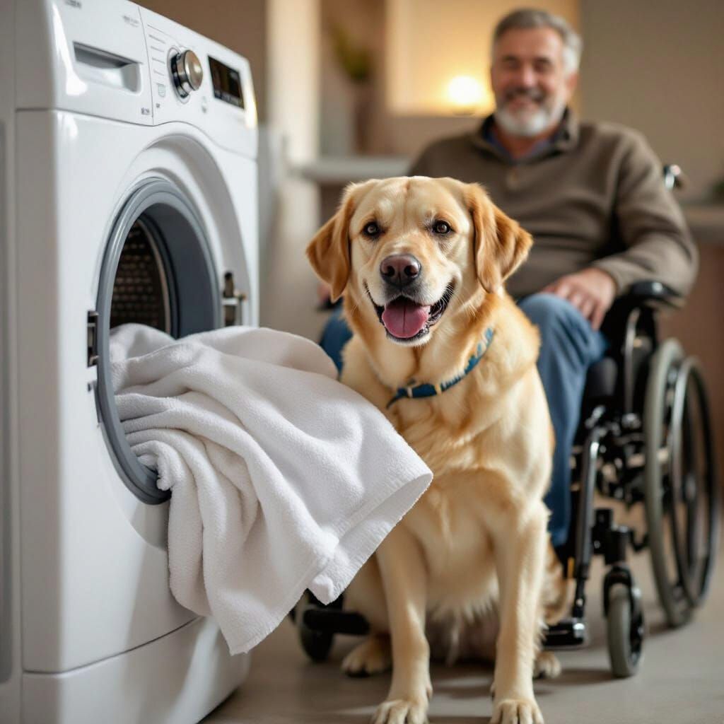 Labrador Assistance Dog Helps Man with Laundry
