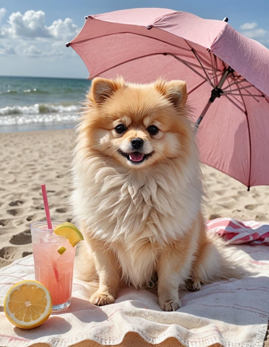 Pomeranian Puppy Relaxing on White Sand Beach