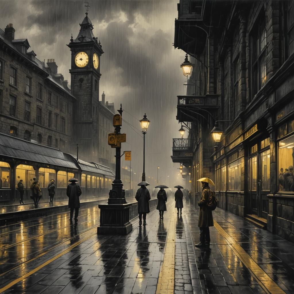 Rainy Train Station in Charcoal Drawing Style