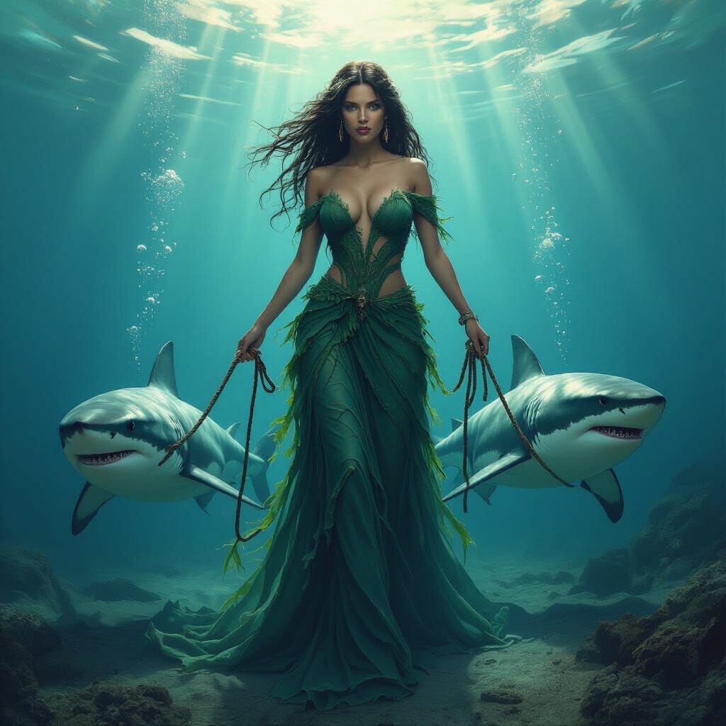 Siren Walking Sharks in Dark Fantasy Ocean