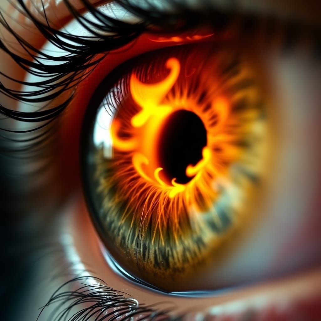 Fiery Reflection in a Human Eye: Macro Photograph