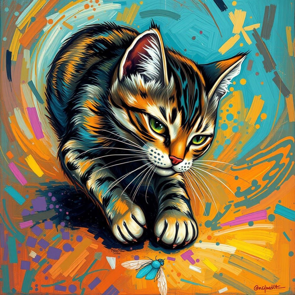 Vibrant Tabby Cat in Whimsical Abstract Art Style