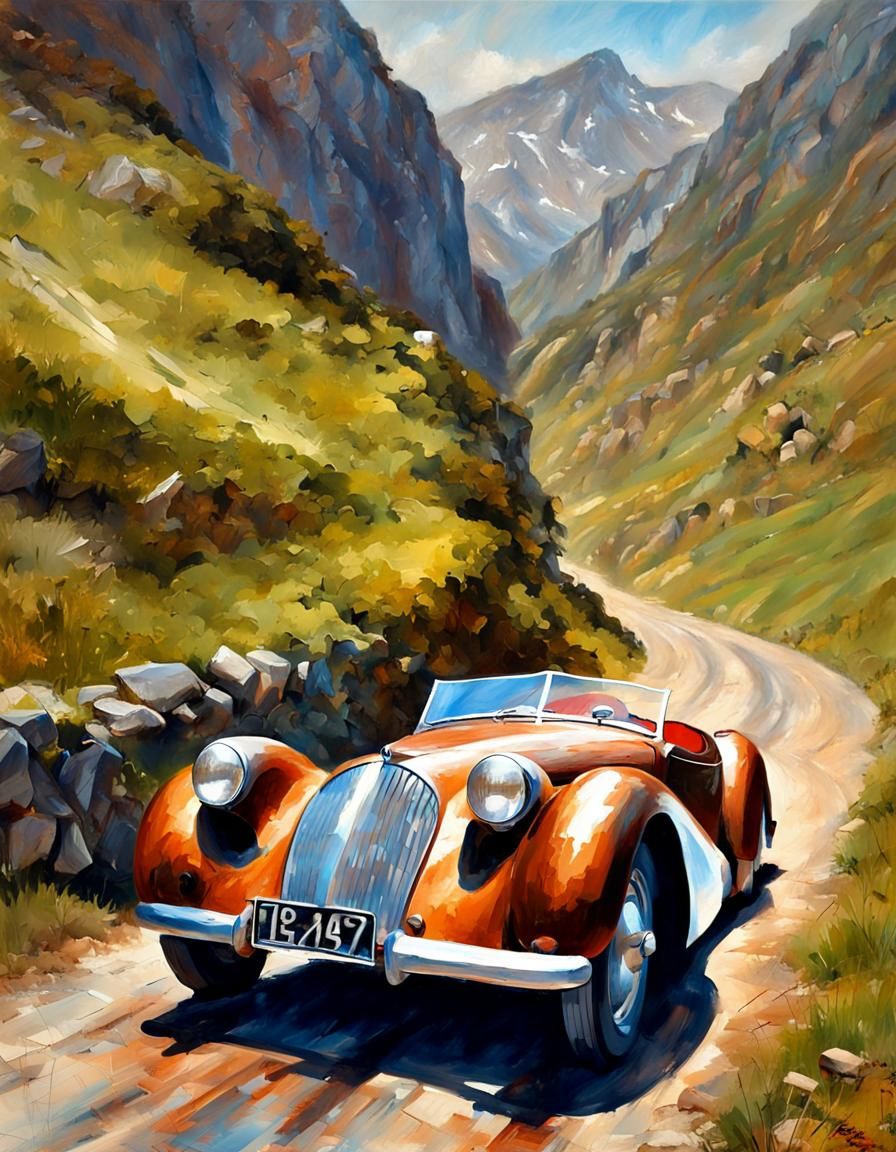 Classic Car on Alpine Road, Oil Painting Style