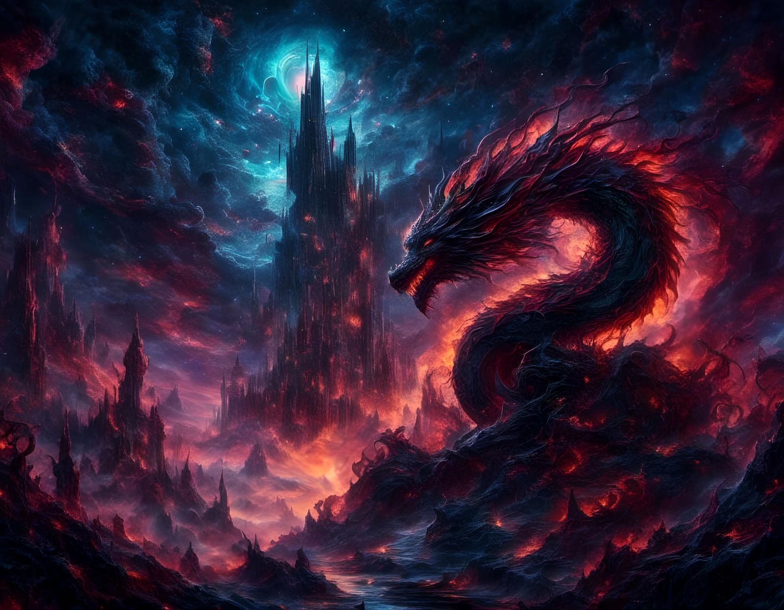 Cosmic Cyberpunk Dragon Soaring Over Alien Landscape