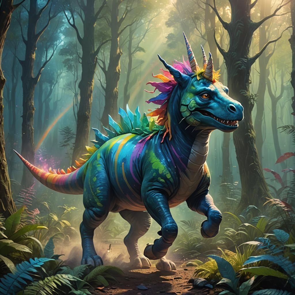 Happy Cat Rides Unicorn Dinosaur in Mystical Forest