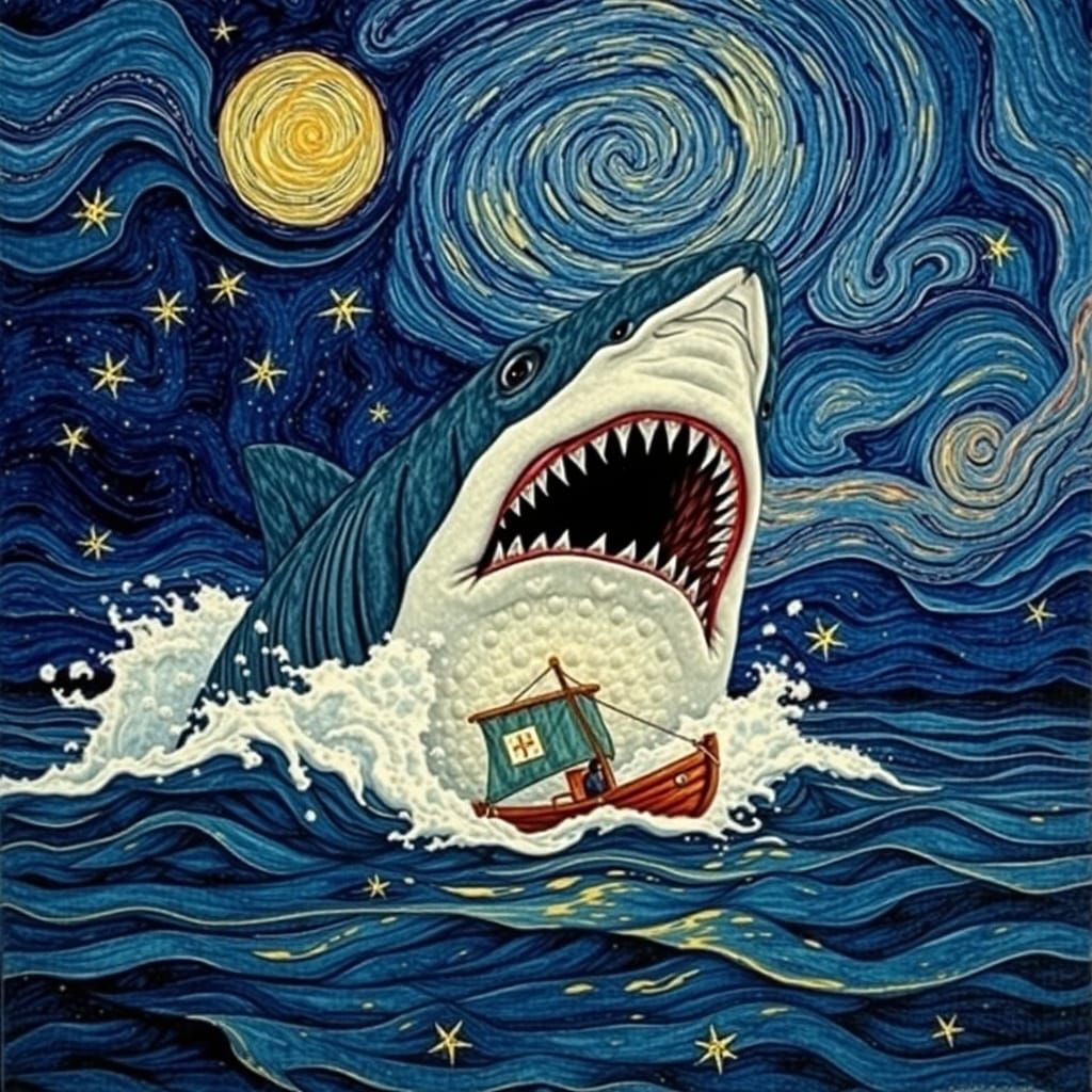 Shark Swallowing Boat in Starry Night Felt Style