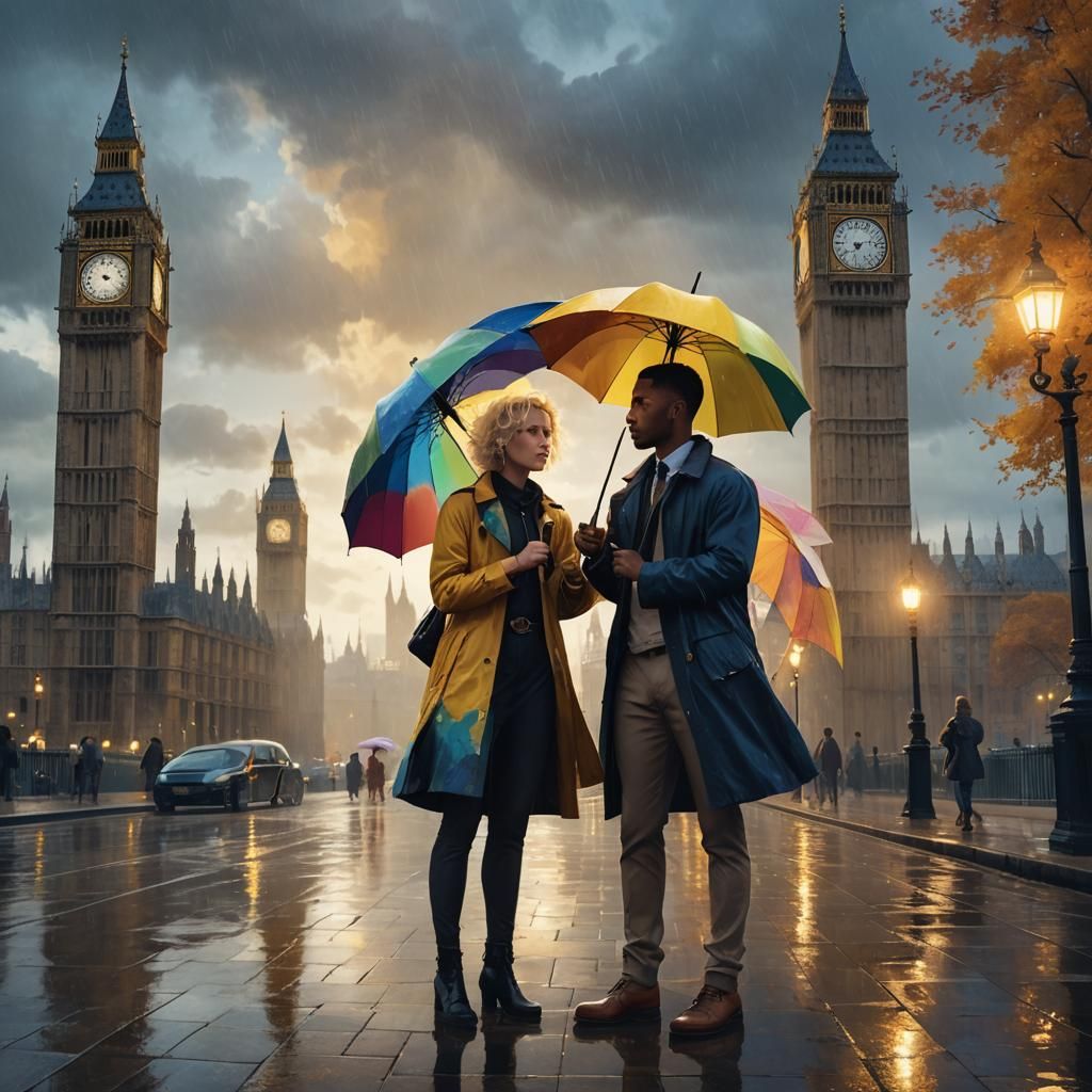 Romantic London Scene in Art Deco Style