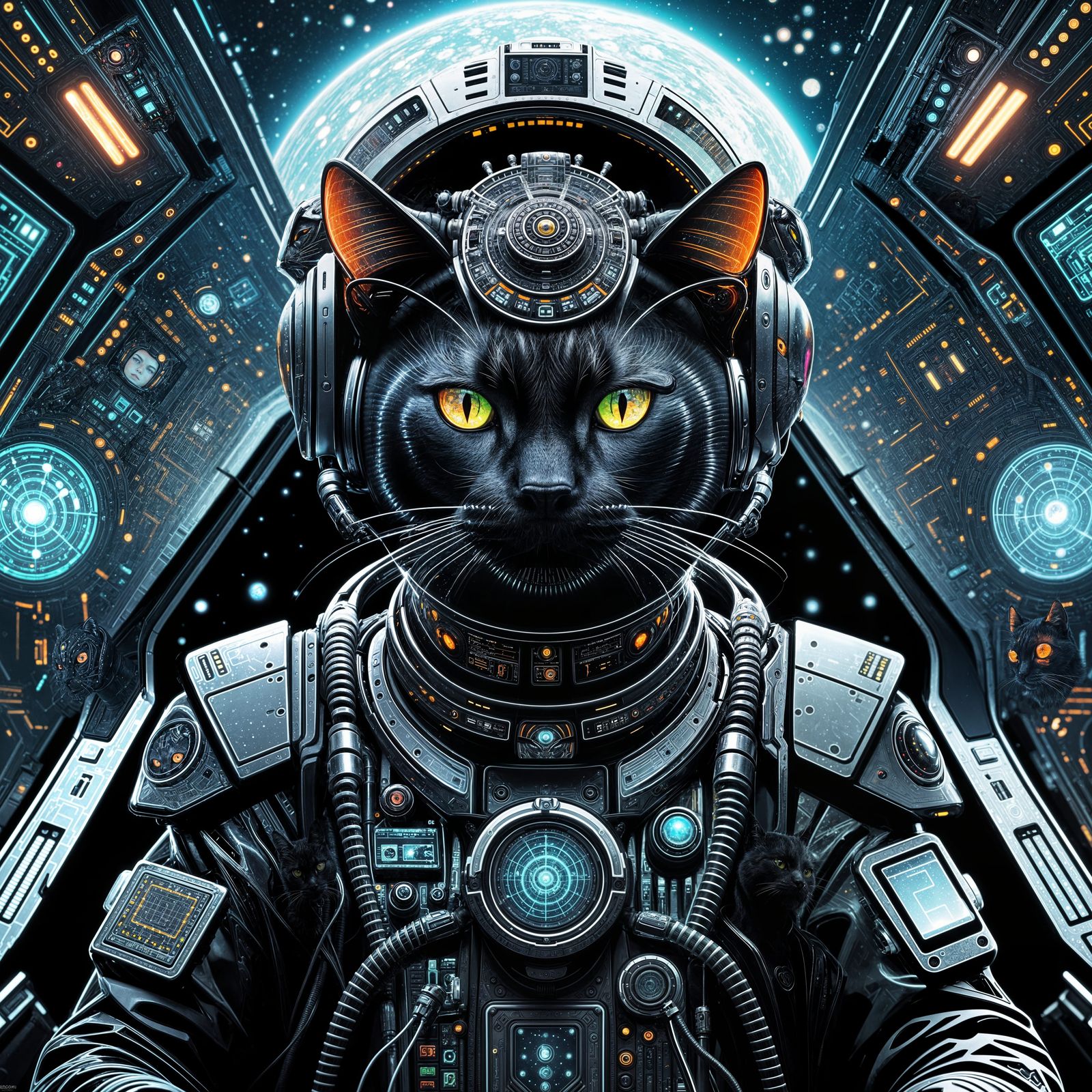 Afrofuturist Black Cat Pilot in Cybernetic Spaceship Cockpit
