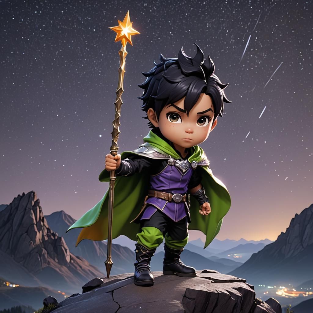 Chibi Prince on Mountain, Hyperrealistic Splash Art