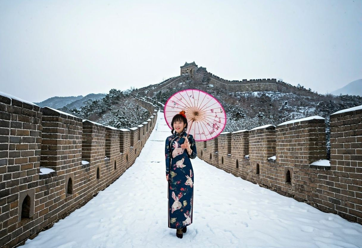 Woman in Qipao on Snowy Great Wall
