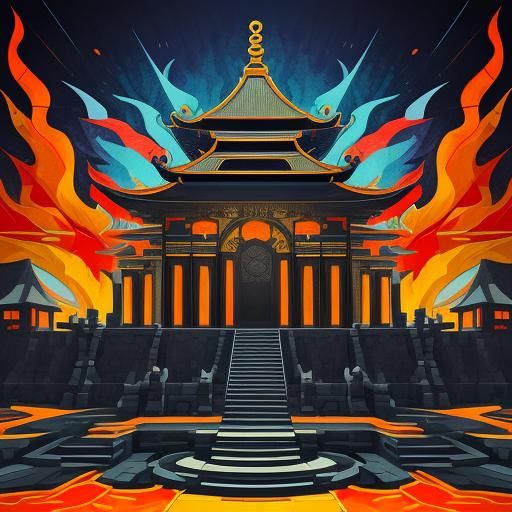 Fire Dragon in Burning Temple: Cubist Geometric Art