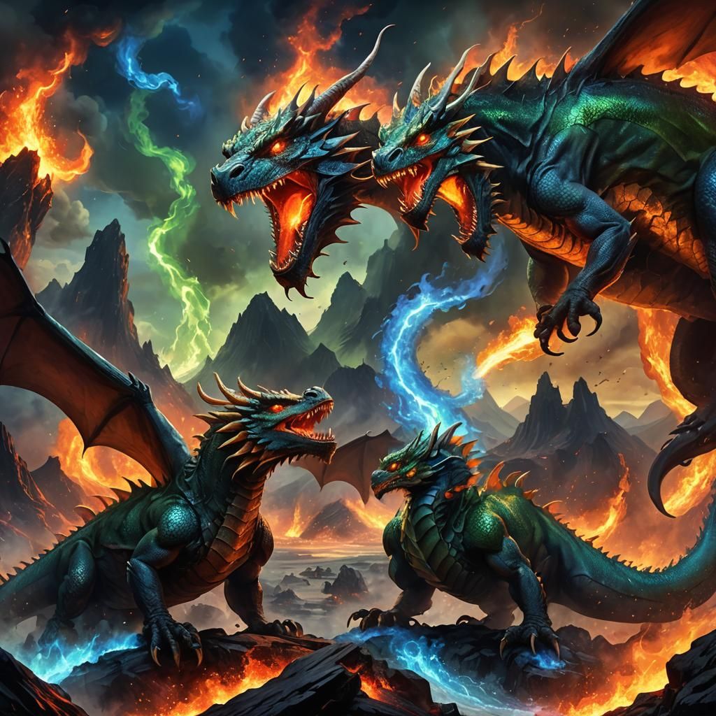 Dragons Clash Above Volcano in Epic Fantasy Art