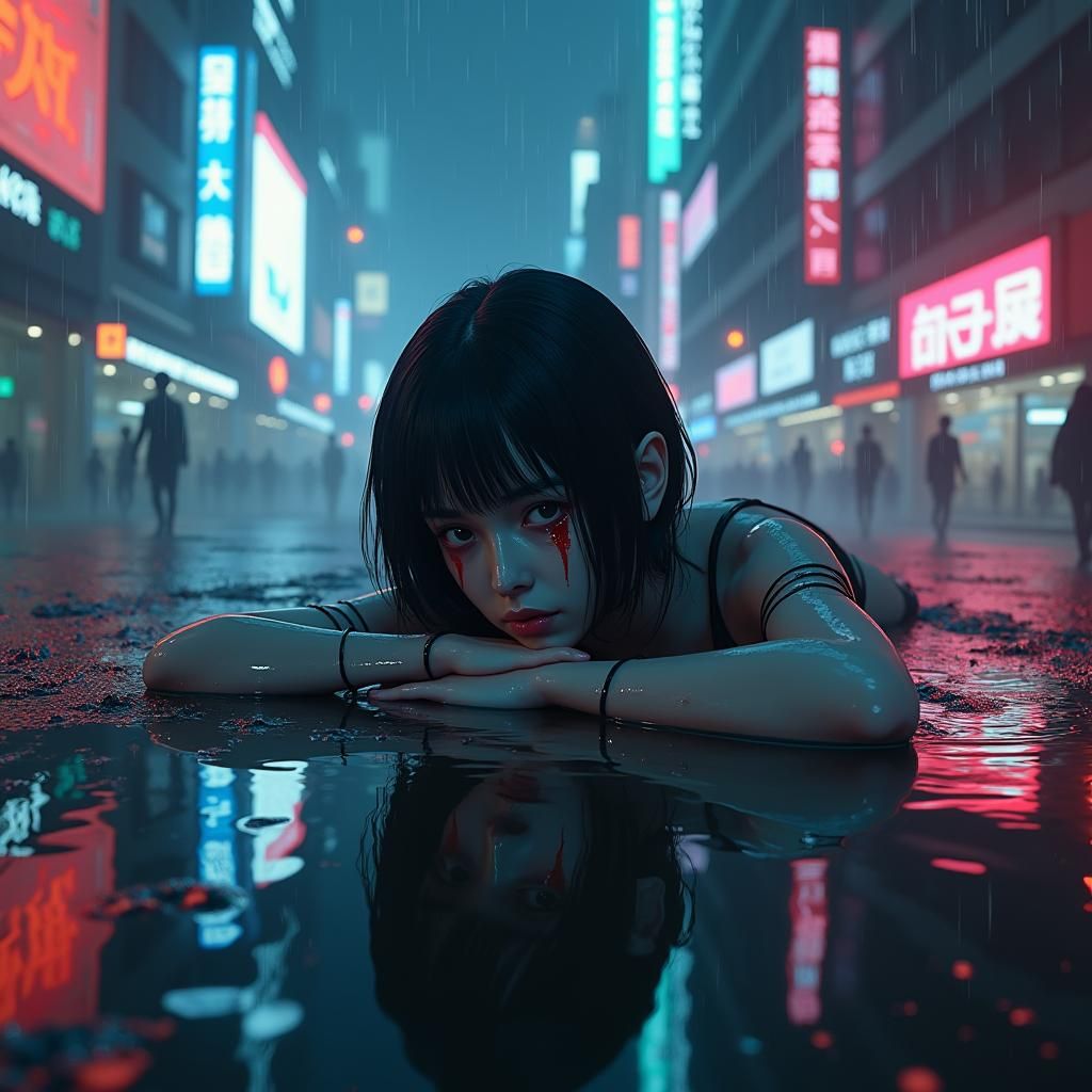 Cyberpunk Girl in Rainy Cityscape