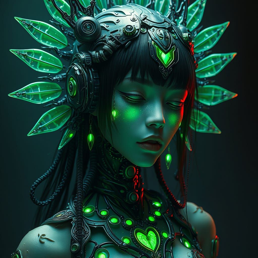 Japanese Emerald Woman in Dark Futuristic Biomechanical Styl...