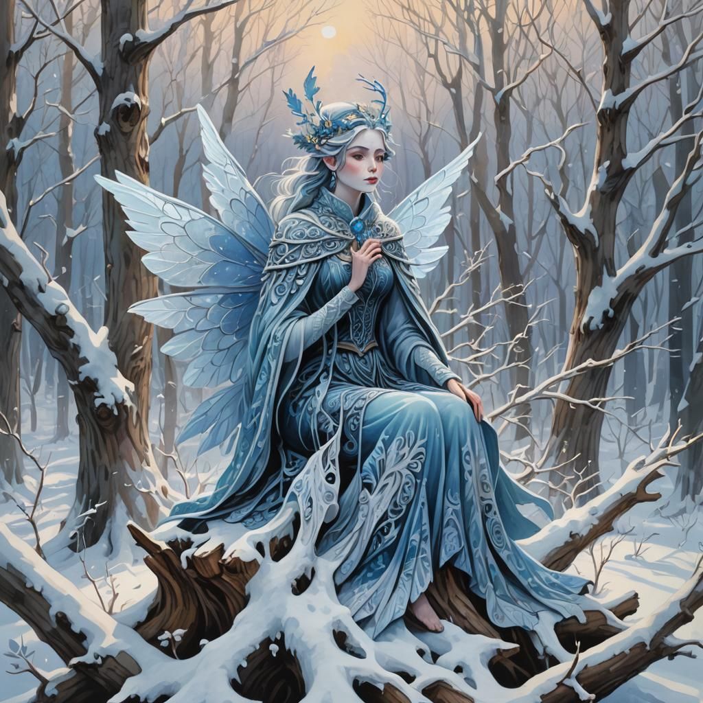 Icy Winter Fairy in Gouache Style