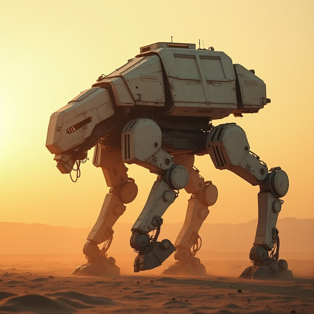 Colossal Mecha Walker in Desert Sunset