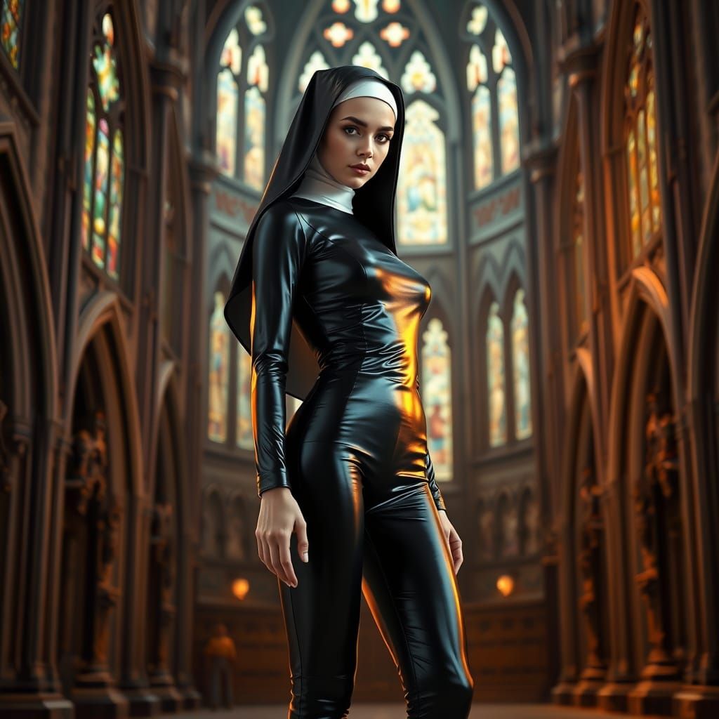 Gothic Nun in High-Gloss Latex Jumpsuit, Standing Confidentl...